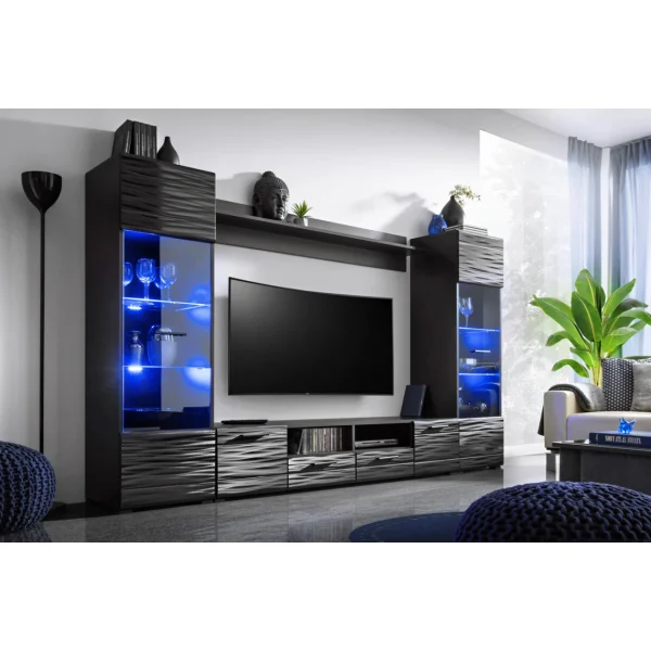 Dusine Meuble Salon Queen 260 Cm NOIR Laqué TV Effet 3D Avec LED 1