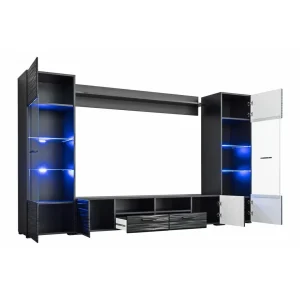 Dusine Meuble Salon Queen 260 Cm NOIR Laqué TV Effet 3D Avec LED 13