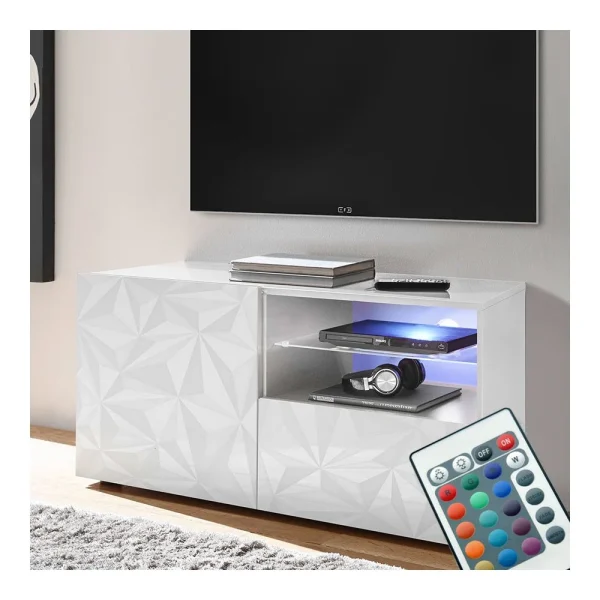 KASALINEA Meuble TV Lumineux 120 Cm Blanc Laqué Design NINO 1