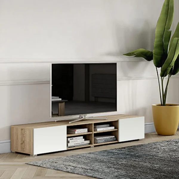 Meuble TV PODIUM 4 Niches – Chêne Naturel Et Blanc – TEMAHOME 1