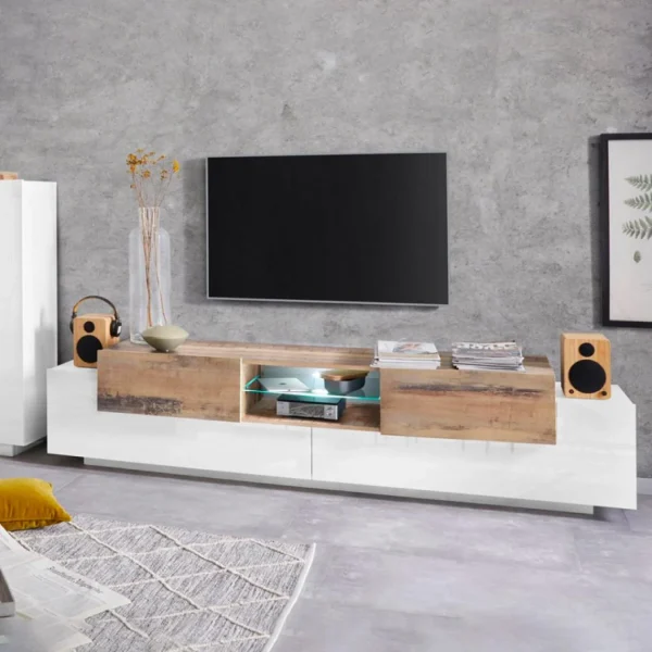 Ahd Amazing Home Design Meuble TV 200cm Compartiment Ouvert 3 Portes Blanc Bois New Coro Low L 1