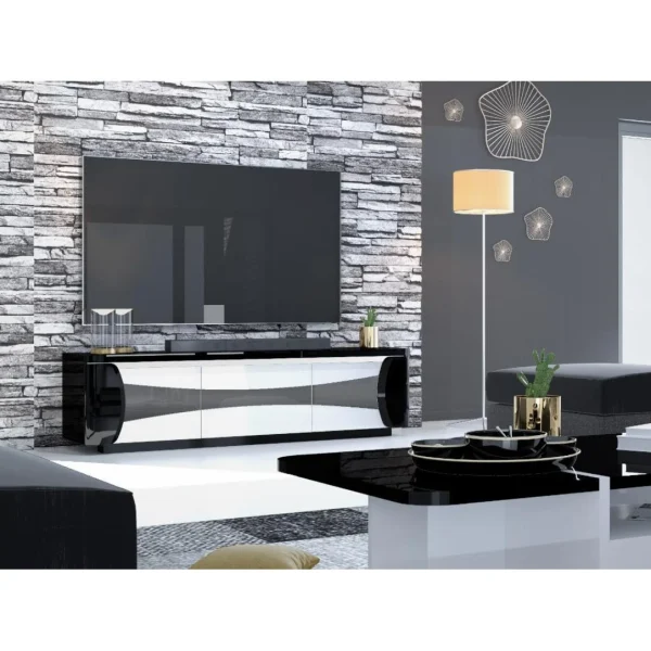 Vente-unique Meuble TV 3 Portes Avec LEDs – Blanc Et Noir Laqué – HAROUN 3