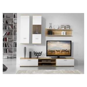 Vente-unique Mur TV JEREMIAH Avec Rangements – Coloris: Blanc & Chêne 7