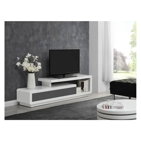 Vente-unique Meuble TV ARTABAN – 2 Tiroirs – MDF Laqué – Blanc Et Gris 5