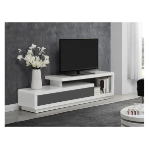 Vente-unique Meuble TV ARTABAN – 2 Tiroirs – MDF Laqué – Blanc Et Gris 9