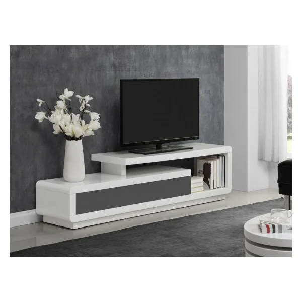 Vente-unique Meuble TV ARTABAN – 2 Tiroirs – MDF Laqué – Blanc Et Gris 3