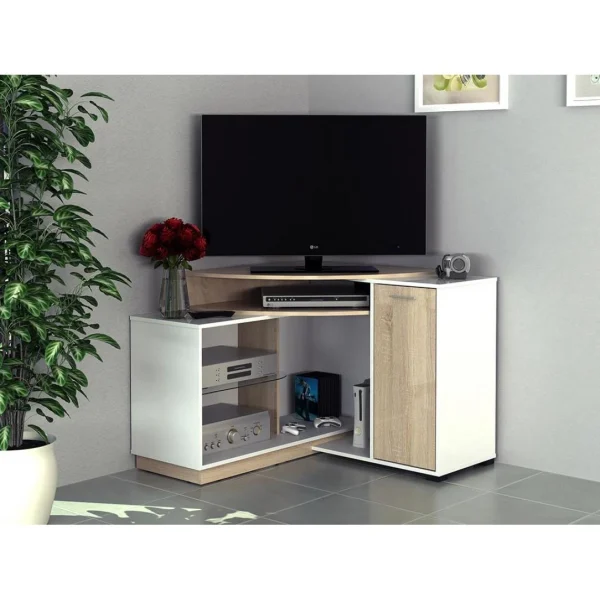 Vente-unique Meuble TV D’angle Avec Rangements – Coloris : Blanc Et Chêne – AMAEL 1