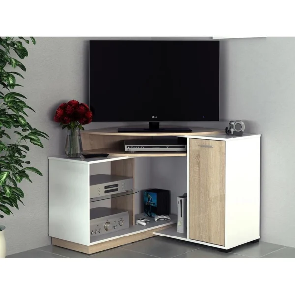 Vente-unique Meuble TV D’angle Avec Rangements – Coloris : Blanc Et Chêne – AMAEL 3