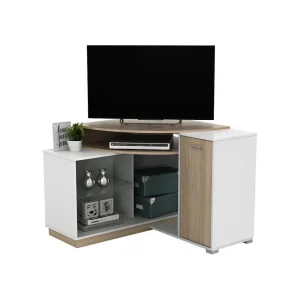 Vente-unique Meuble TV D’angle Avec Rangements – Coloris : Blanc Et Chêne – AMAEL 11