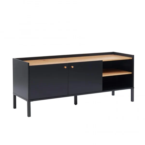 Baita Meuble TV ARCHI01 Noir Et Bois 2 Portes Et 2 Niches L130cm 1