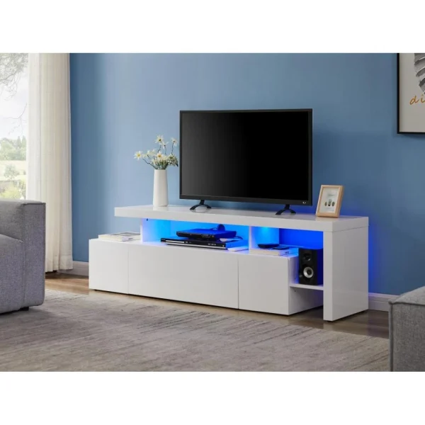 Vente-unique Meuble TV Avec 3 Portes Et 2 Niches – Avec Leds – MDF Laqué – Blanc -… 1