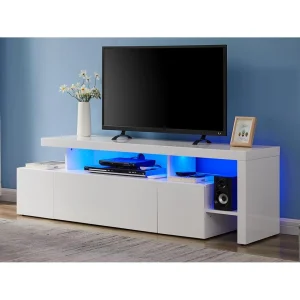 Vente-unique Meuble TV Avec 3 Portes Et 2 Niches – Avec Leds – MDF Laqué – Blanc -… 9