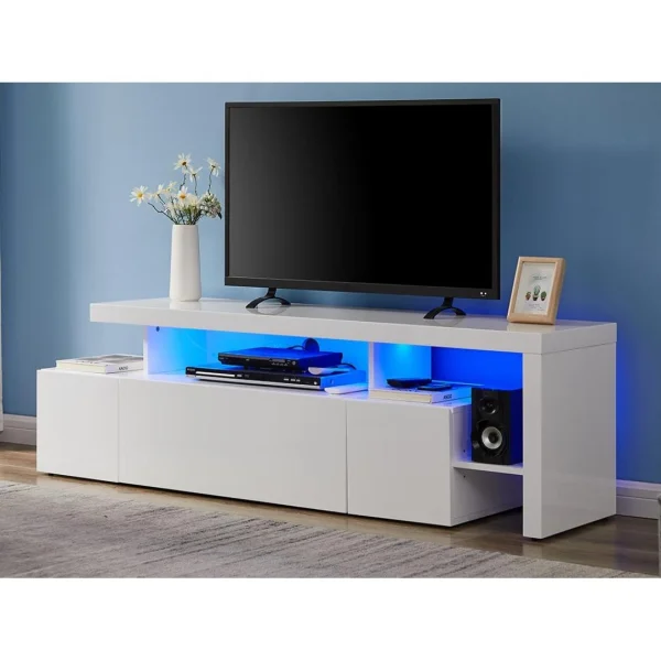 Vente-unique Meuble TV Avec 3 Portes Et 2 Niches – Avec Leds – MDF Laqué – Blanc -… 3