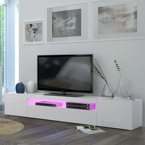 KASALINEA Meuble TV Blanc Laqué Design MARCELLA-L 200 X P 40 X H 36,2 Cm- Blanc 3