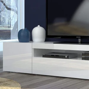 KASALINEA Meuble TV Blanc Laqué Design MARCELLA-L 200 X P 40 X H 36,2 Cm- Blanc 10