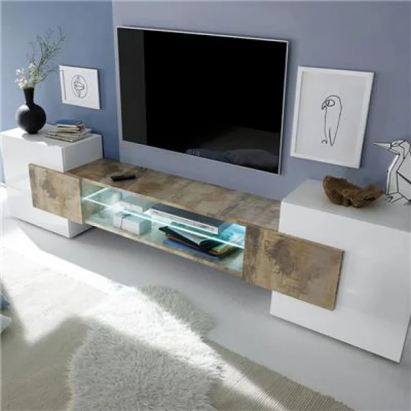 NOUVOMEUBLE Meuble Tv Design Blanc Et Couleur Bois LUXOR 3 1