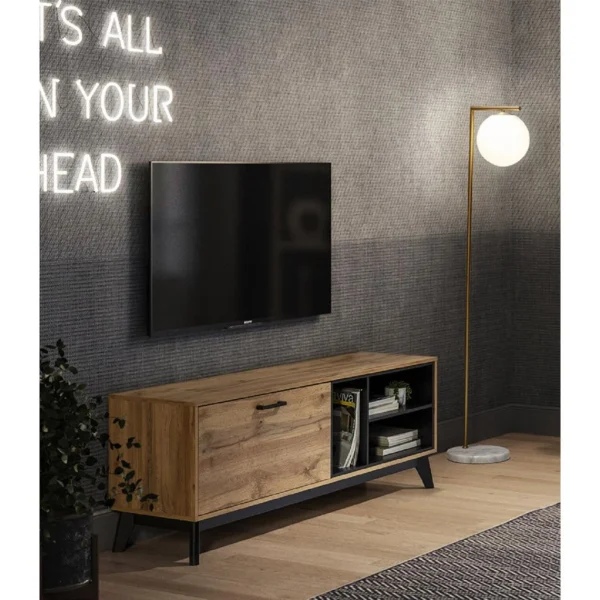 Pegane Meuble TV En Bois Mélaminé Coloris Chêne Avec Pieds Noirs – Longueu… 5