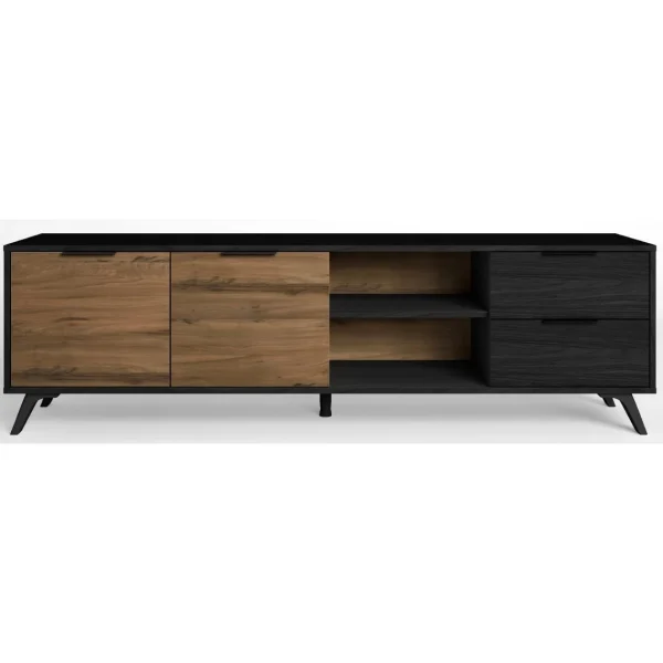 Pegane Meuble TV En Bois Mélaminé Décor Noyer Naturel/noir Avec Pieds En A… 1