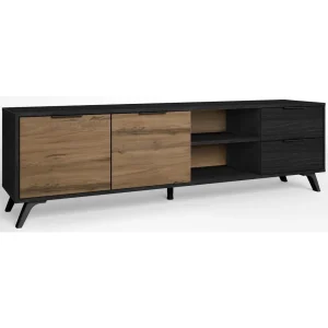 Pegane Meuble TV En Bois Mélaminé Décor Noyer Naturel/noir Avec Pieds En A… 9