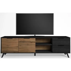 Pegane Meuble TV En Bois Mélaminé Décor Noyer Naturel/noir Avec Pieds En A… 15