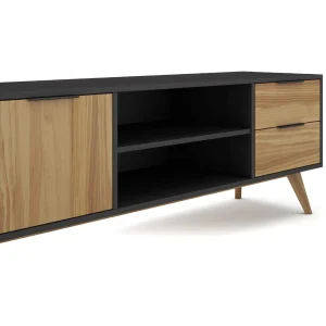 Pegane Meuble TV En Pin Massif Décor Ciré Naturel Et Noir, Meuble De Rangem… 15