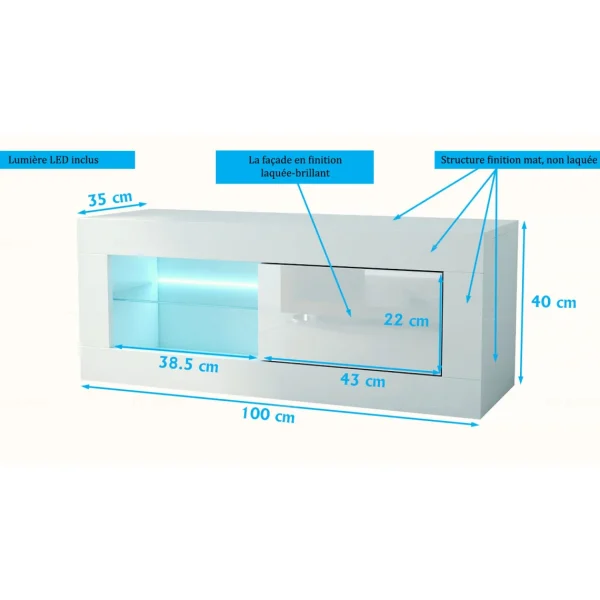 Dusine Meuble TV Iconik LED 100 CM En 18 MM Avec Porte Laquée 4