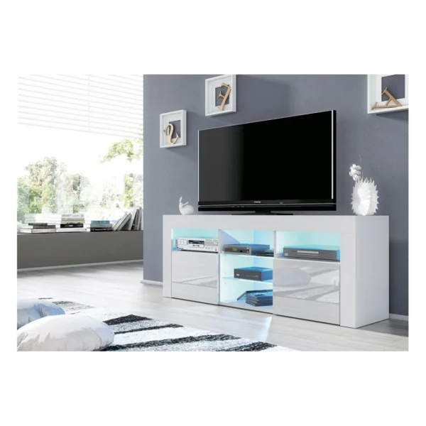 Dusine Meuble TV JIVE BLANC à LED 145 Cm Avec 2 Portes Laquées 1