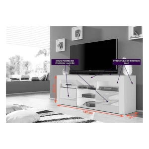 Dusine Meuble TV JIVE BLANC à LED 145 Cm Avec 2 Portes Laquées 6