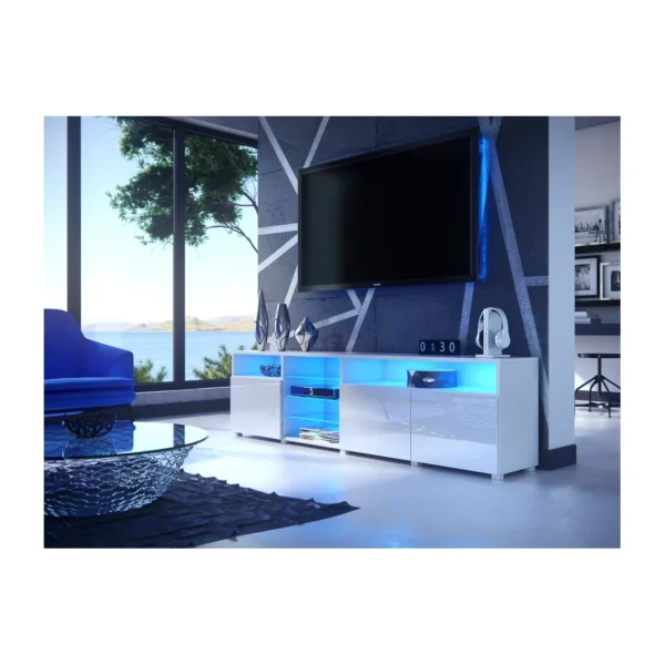 Dusine MEUBLE TV MASSIMO 200 Cm Blanc Mat Et Portes Blanc Laquées LED RGB 1