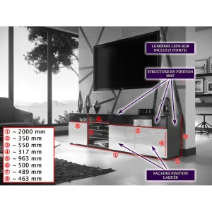 Dusine MEUBLE TV MASSIMO 200 Cm Blanc Mat Et Portes Noir Laquées LED RGB 6