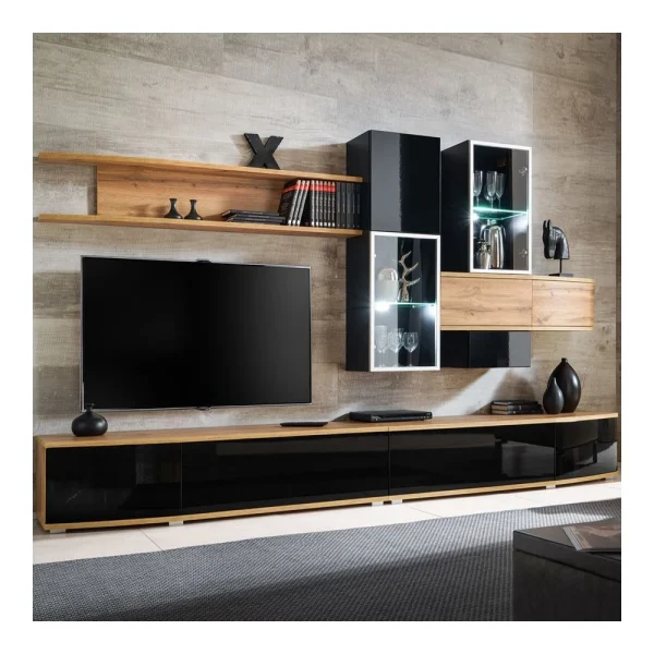 NOUVOMEUBLE Ensemble Meuble TV Noir Et Couleur Bois BAGNOLO 1