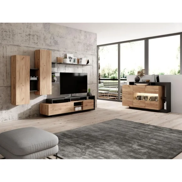 Vente-unique Mur TV Avec Rangements – Coloris : Naturel Et Anthracite – IDESIA 1