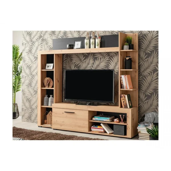 Vente-unique Mur TV BALTIMORE – Avec Rangements – Coloris : Chêne & Anthracite 1