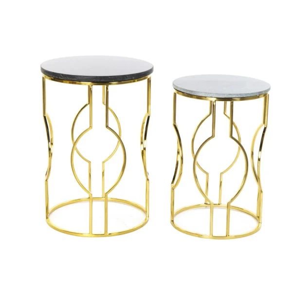 Pegane Set De 2 Tables D’appoints En Marbre Et Métal Coloris Noir Doré 1