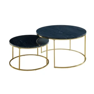 Marque Generique Tables Basses Gigognes ANGELA – Marbre Noir & Métal Doré 13