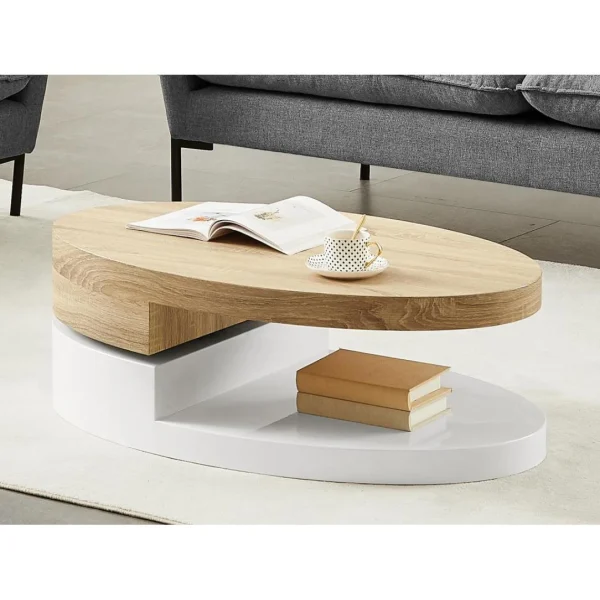 Vente-unique Table Basse Avec Plateau Pivotant – MDF – Naturel Et Blanc – VITALY 1