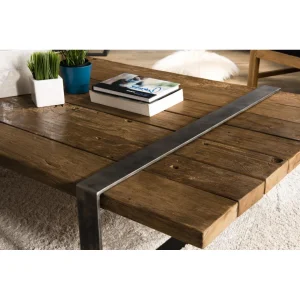 MACABANE Table Basse MATHIS Multi-Planches Bois Massif Cerclée Métal 12