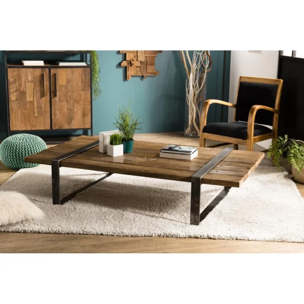 MACABANE Table Basse MATHIS Multi-Planches Bois Massif Cerclée Métal 1