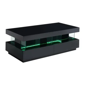 Vente-unique Table Basse – MDF Laqué – LEDs – 2 Tiroirs & 2 Niches – Noir – FABIO … 9