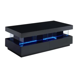 Vente-unique Table Basse – MDF Laqué – LEDs – 2 Tiroirs & 2 Niches – Noir – FABIO … 11