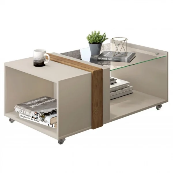 Caemmum Table Basse Vitrée Blanc Ecru Chêne 1