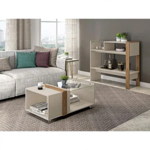 Caemmum Table Basse Vitrée Blanc Ecru Chêne 8