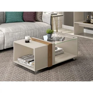 Caemmum Table Basse Vitrée Blanc Ecru Chêne 10