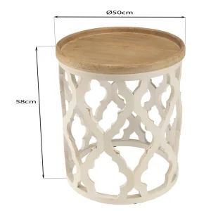 MACABANE Table D’appoint 50x50cm Plateau Naturel Pieds Blancs VICTOIRE 24