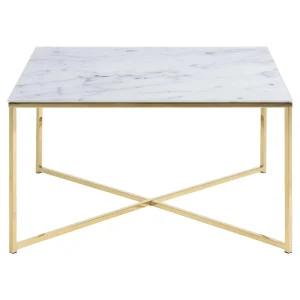 TOILINUX Table D’appoint Effet Marbre En Verre Et Métal – L.80cm – Doré Et Bl… 9