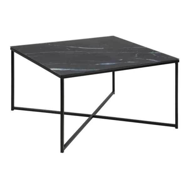 TOILINUX Table D’appoint Effet Marbre En Verre Et Métal – L.80cm – Noir 1