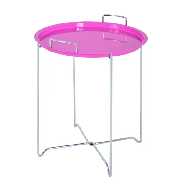 Pegane Table D’appoint En Acier Chromé Et Tableau En Rose Fuchsia, H51 X D45… 1