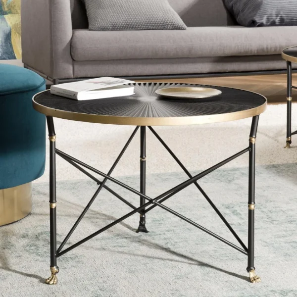 MACABANE Table D’Appoint Ronde TOD 61X61Cm Ceinture Dorée Pieds Métal Noir 1