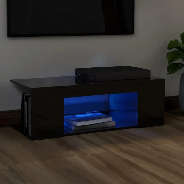 VidaXL Meuble TV Avec Lumières LED Noir Brillant 90x39x30 Cm 1